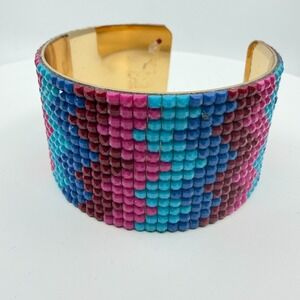 Boho Beaded Cuff Bracelet - Gold Tone Wide Statement with Mosaic Pattern
